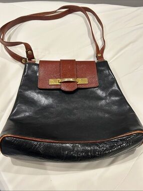Real Italian Leather Black and Brown Leather Shoulder Bag with Gold Accents